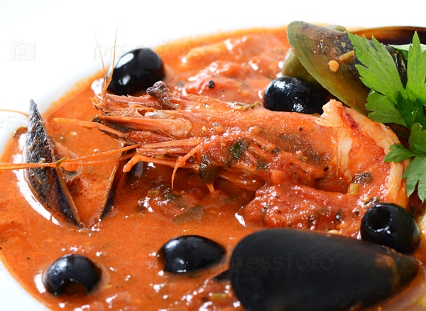 Tomato soup with fish and seafood
