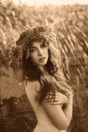 retro sepia Nude portrait of a beautiful young woman wreath on his head, sunset on the nature of summer