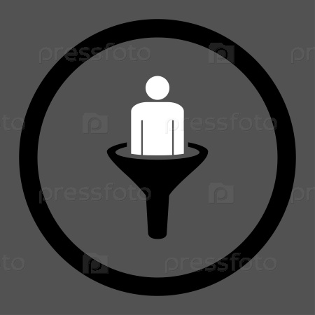 Sales funnel glyph icon. This rounded flat symbol is drawn with black and white colors on a gray background.