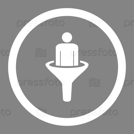 Sales funnel glyph icon. This rounded flat symbol is drawn with white color on a gray background.
