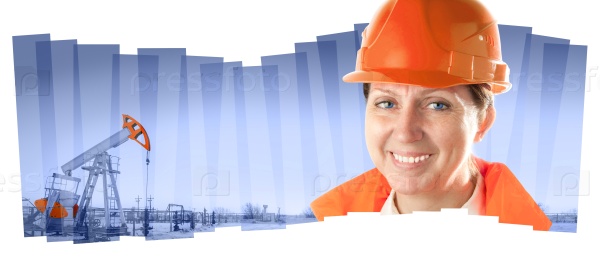 Female industrial worker in an oil field. Collage composition.