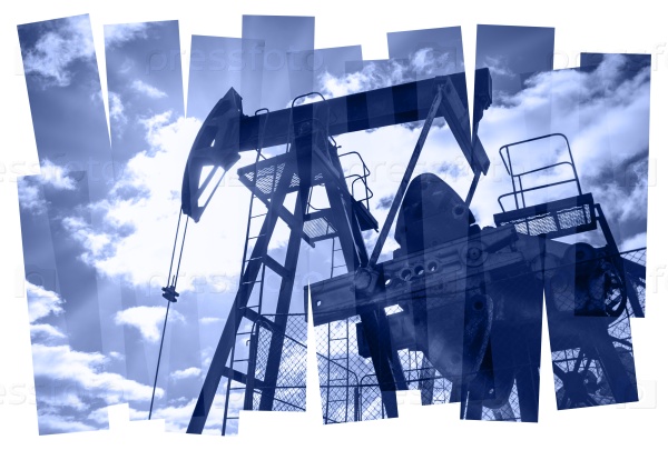 Oil pump abstract composition background. Oil and gas industry. Photo collage toned blue. Isolate on a white.