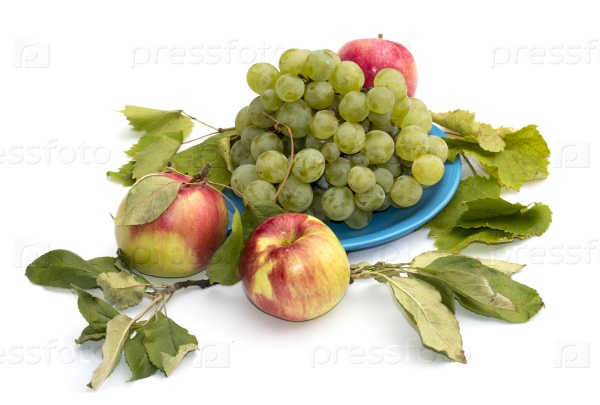 still life grapes on a blue plate, apples and leaves, isolate, a subject summer fruit