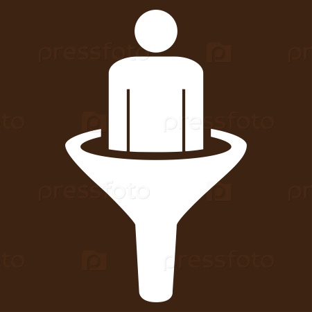 Sales funnel icon from Business Bicolor Set. Glyph style: flat symbol, white color, rounded angles, brown background.