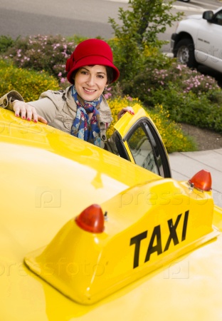 Woman Smiling Wearing Bright Accents Enters Taxi Cab Automobile Downtown