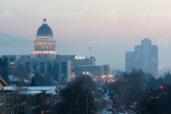 Winter Deep Freeze Sunset Landscape Downtown Utah Capital Architecture Dome