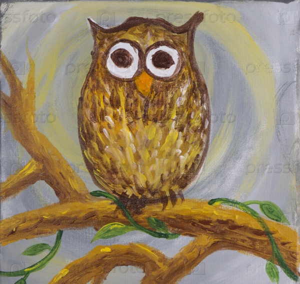 Painting of a surprised looking owl with big round eyes coloured in brown sat on branch with some creepy crawlers on acrylic