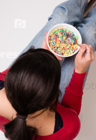 Happy Attractive Woman Eats Bowl Colorful Breakfast Cereal Processed Food