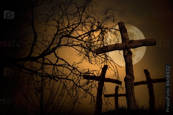 group of wooden cross on graveyard, night horror landscape whith moon