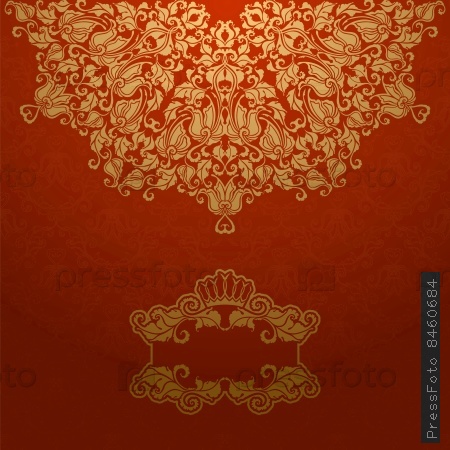Elegant gold frame banner with crown, floral elements  on the ornate background. Illustration.