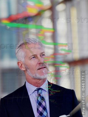 Double exposure design. Portrait of senior business man with grey beard and hair alone i modern office indoors