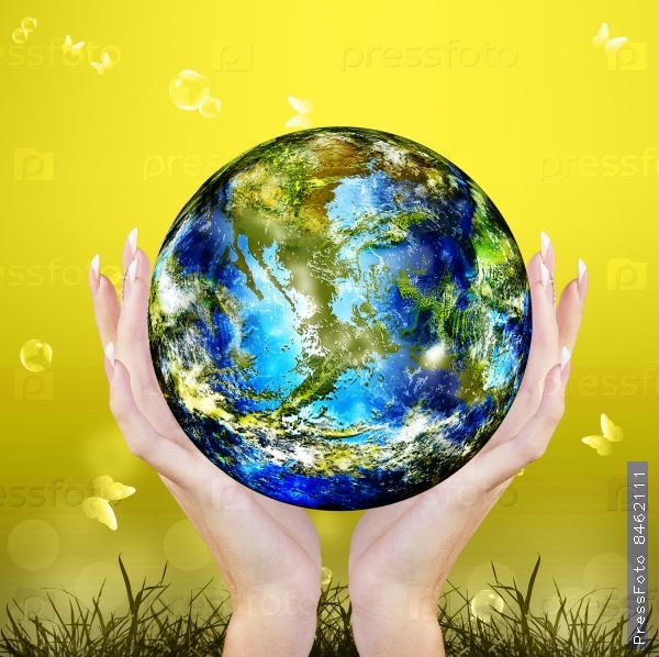 Blue Planet Earth in Hands Woman.Ecology Concept
