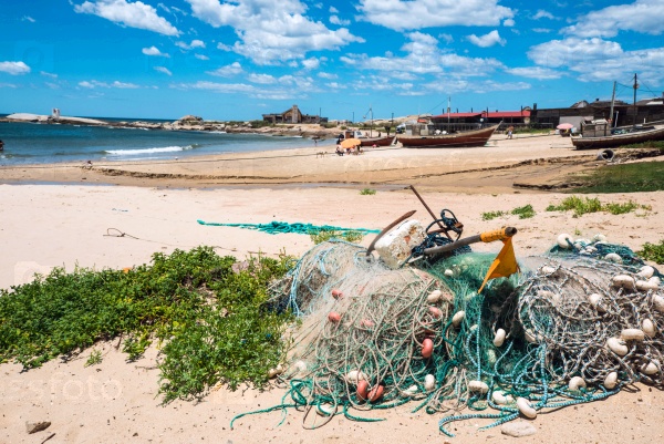 Nets on the Punta del Diablo Beach, popular tourist place and Fisherman\'s place in the Uruguay Coast