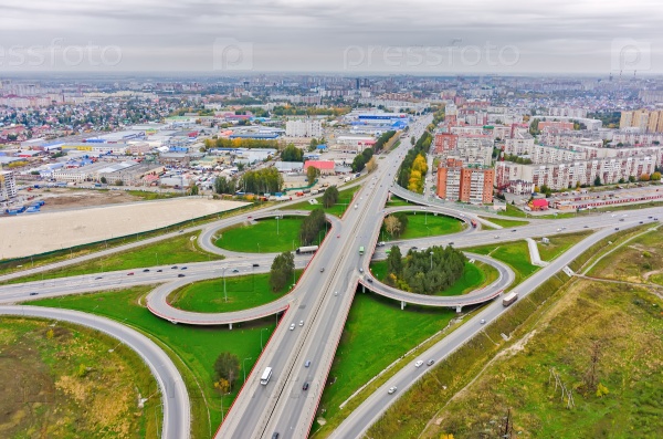 Tyumen, Russia - September 6, 2015: Bird eye view onto outcome of roads on Moscow path with bypass way
