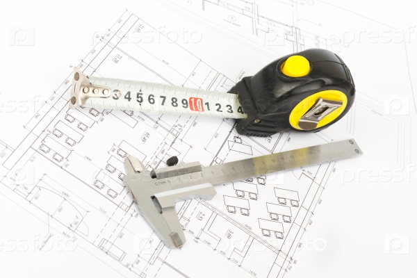 Tape measure with beam-compass, side view