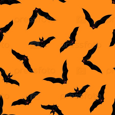 Halloween Holiday Seamless Pattern With Bats Over Orange Background for Creating Halloween Designs.  Vector illustration.