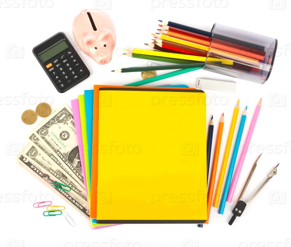 Pencil cup with crayons, piggy bank on copybooks on isolated white background