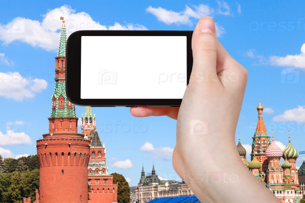 smartphone and Moscow Kremlin Red Towers