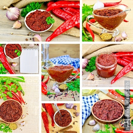 Set photos of Tabasco adjika in a glass gravy boat, bank, pottery, spices, hot peppers, parsley, on a wooden board, sacking