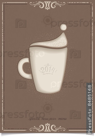 New year special menu poster design for restaurant and cafe with fun latte coffee cup and cinnamon. Raster illustration