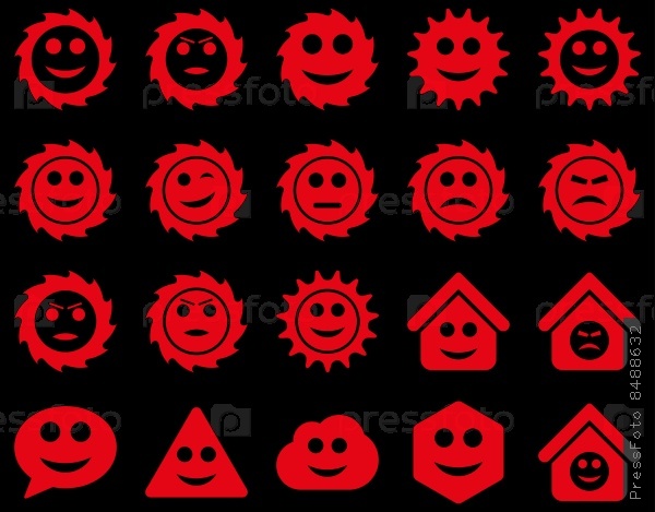 Tools, gears, smiles, emotions icons. Vector set style: flat images, red symbols, isolated on a black background.