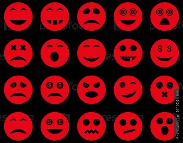 Smile and emotion icons. Vector set style: flat images, red symbols, isolated on a black background.