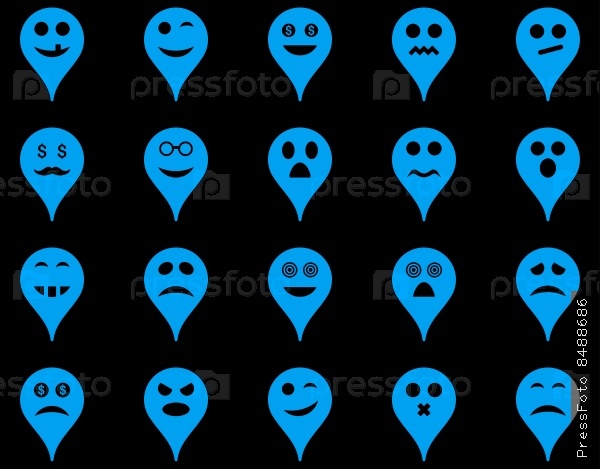 Emotion map marker icons. Vector set style: flat images, blue symbols, isolated on a black background.