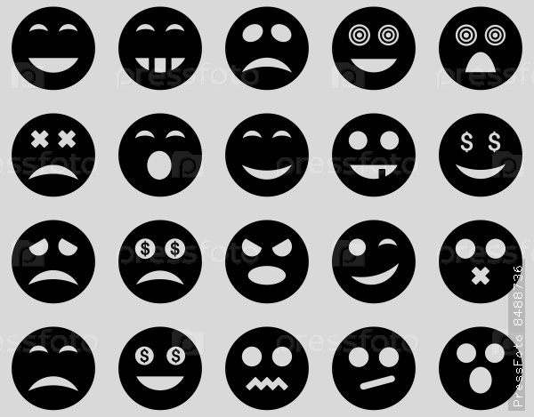 Smile and emotion icons. Vector set style: flat images, black symbols, isolated on a light gray background.