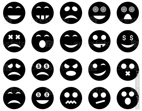 Smile and emotion icons. Vector set style: flat images, black symbols, isolated on a white background.