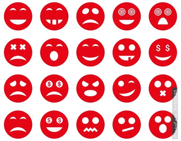 Smile and emotion icons. Vector set style: flat images, red symbols, isolated on a white background.