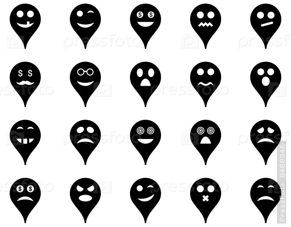 Emotion map marker icons. Vector set style: flat images, black symbols, isolated on a white background.