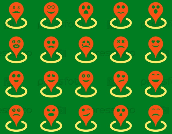 Smiled location icons. Glyph set style: bicolor flat images, orange and yellow symbols, isolated on a green background.