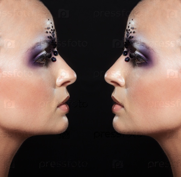 Portrait of twins bald girls with makeup with sequins on the face, perfect skin