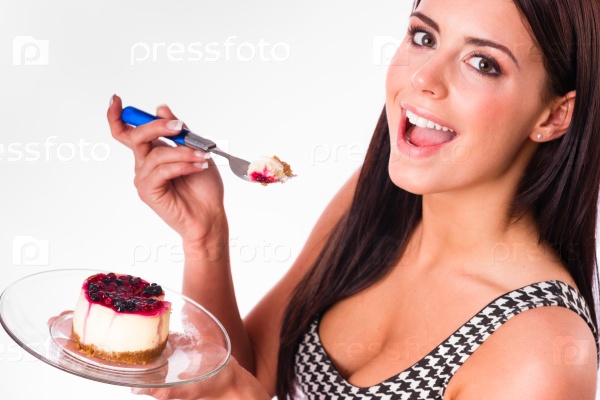 Vertical Composition Attractive Brunette Woman Eating Sweet Dessert Cheesecake Snack