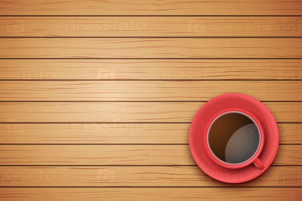 Top view of cup of coffee or tea on the table light wood with space for text