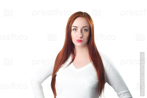 Young redhead woman portrait with disgust face expression. Isolated on white