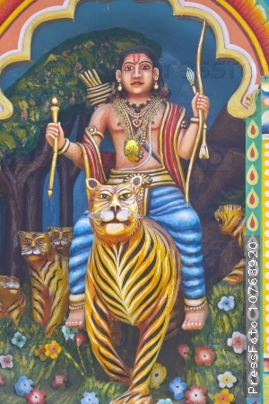 FEBRUARY 23, 2014, INDIA, KARNATAKA, SHRIRANGAPATNAM  - Hindu God Swami Ayyappan on the wall of temple