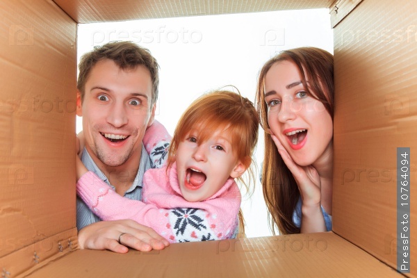 The smiling family in a cardboard box ready for moving house, stock photo