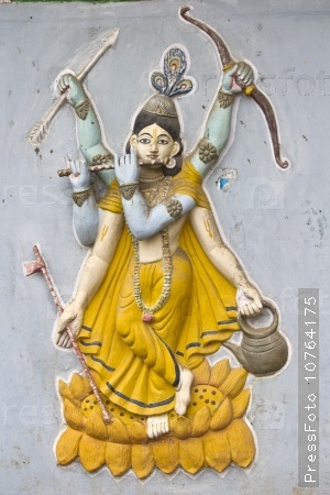 MARCH 1, 2014, VRINDAVAN, UTTAR-PRADESH, INDIA - Image of Six-armed Lord Chaitanya Mahaprabhu with the attributes of Lord Rama and Lord Krishna on the wall of te temple.