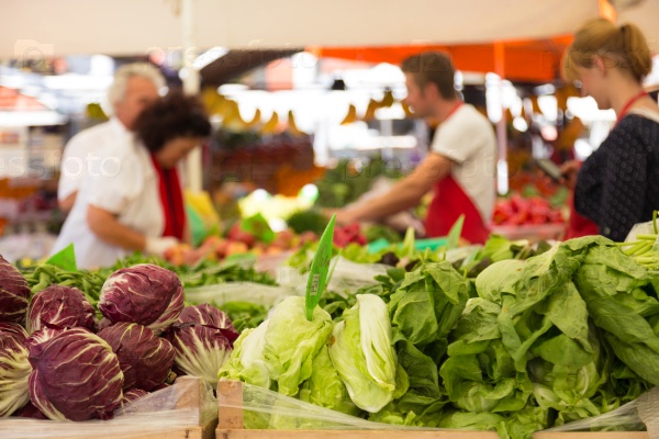 Market stall with variety of organic vegetable, stock photo