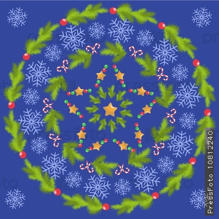 Raster Christmas decorative circular pattern with traditional elements of holiday