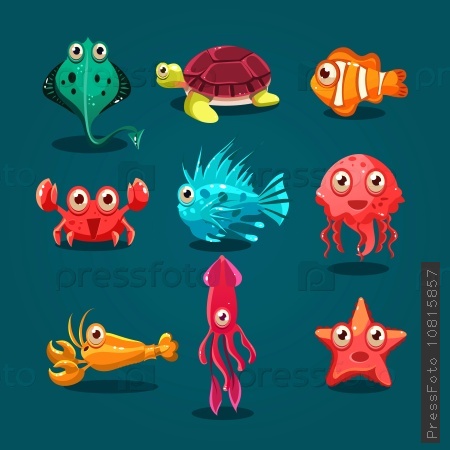 Cute sea life creatures cartoon animals set with fish octopus jellyfish isolated vector illustration
