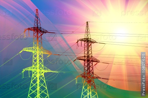 electric power transmission towers at sunset