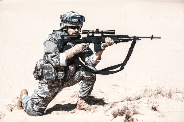 United States airborne infantry marksman in action