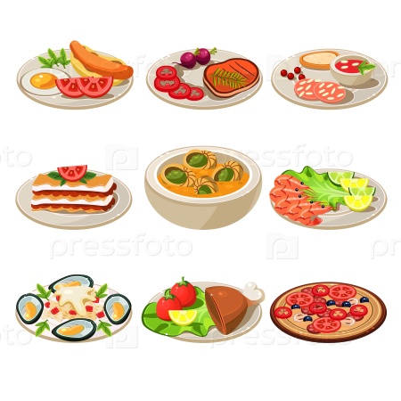 Set of food icons. European lunch. Vector illustration