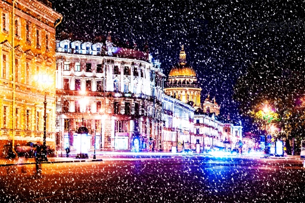 Beautiful night view of Nevsky Prospect and Isaac\'s Cathedral near Palace Square in Saint Petersburg. Colorful illumination for prominent russian landmark. Saint-Petersburg, Russia