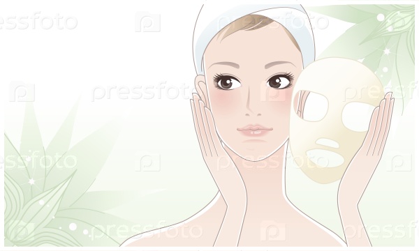 Beautiful girl, young woman touching her face after beauty mask on a green flower background. Skin care. Relaxation. Aroma therapy. Beauty treatment. Facial cleansing Mask. Clipping mask is used.