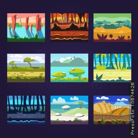 Set of seamless cartoon landscapes for game design, horizontal nature background