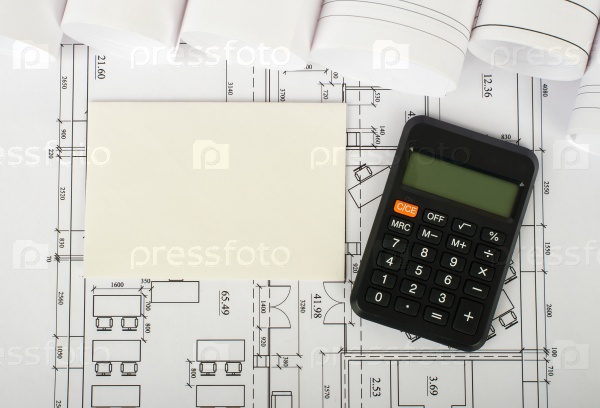 Blank card with calculator on blueprint, top view, stock photo