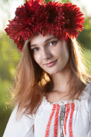 Close-up portrait of ukranian girl in traditional costume